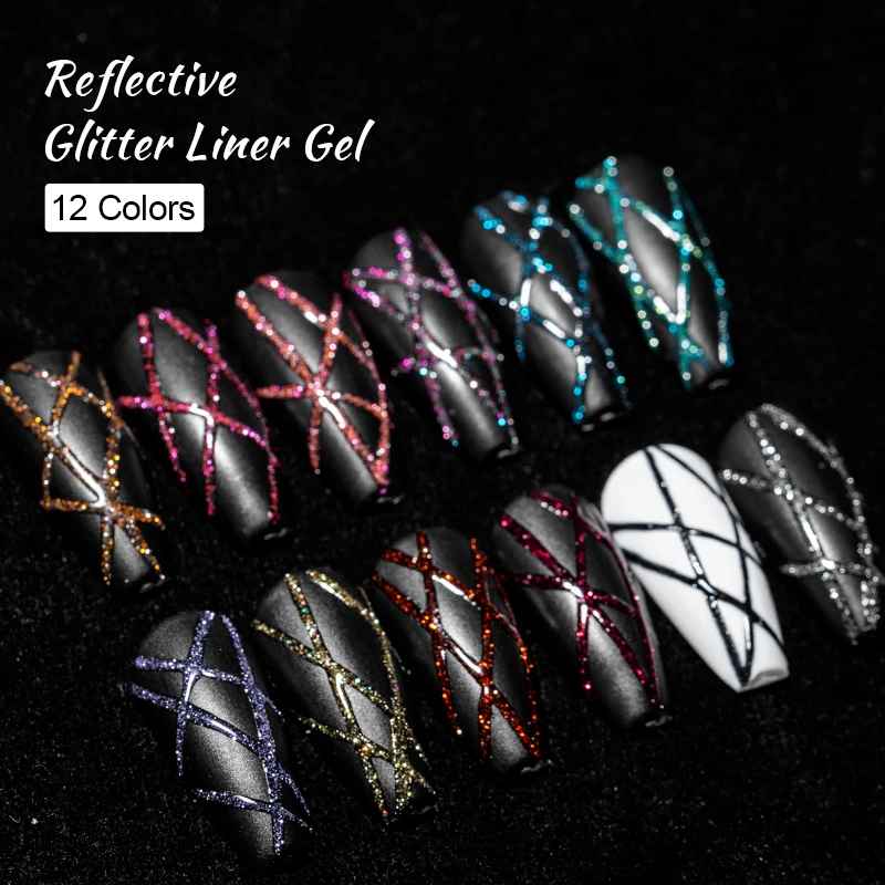 6pcs Reflective Glitter Liner Gel Nail Polish Set Pull Line Graffiti Painting Stripe DIY French Nails Design Painting Gel-Gel Nails-Blushia
