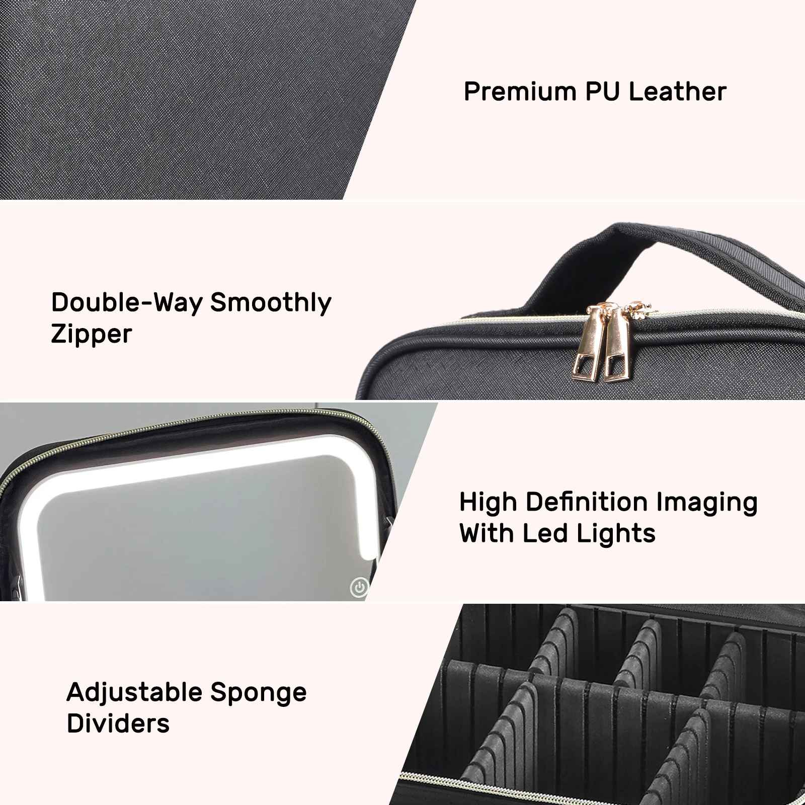 Travel Makeup Bag with LED Mirror – Cosmetic Train Case with Adjustable Dividers-Makeup Bags-Blushia