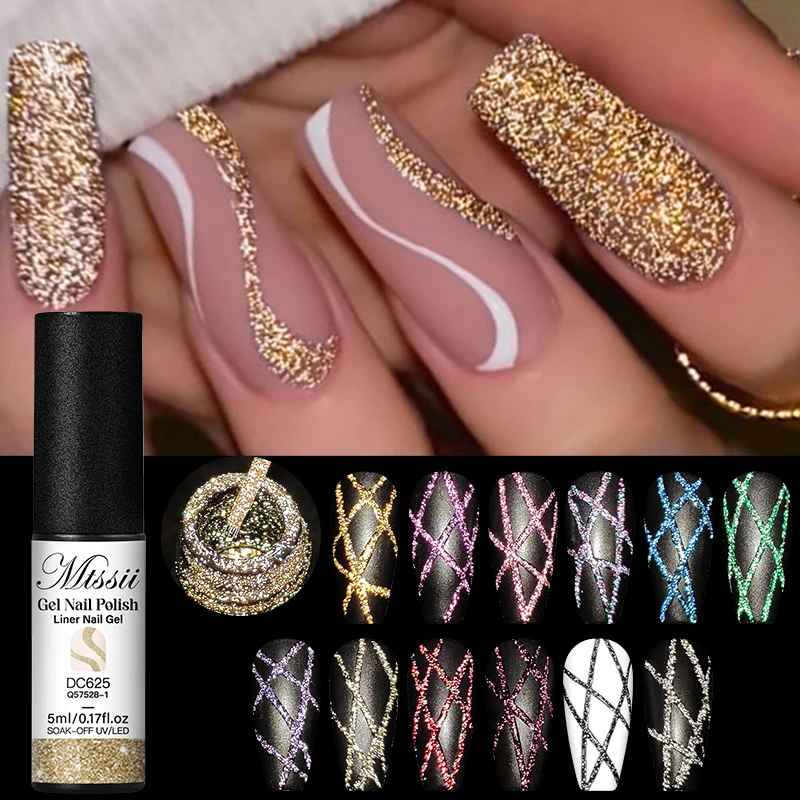 6pcs Reflective Glitter Liner Gel Nail Polish Set Pull Line Graffiti Painting Stripe DIY French Nails Design Painting Gel-Gel Nails-Blushia