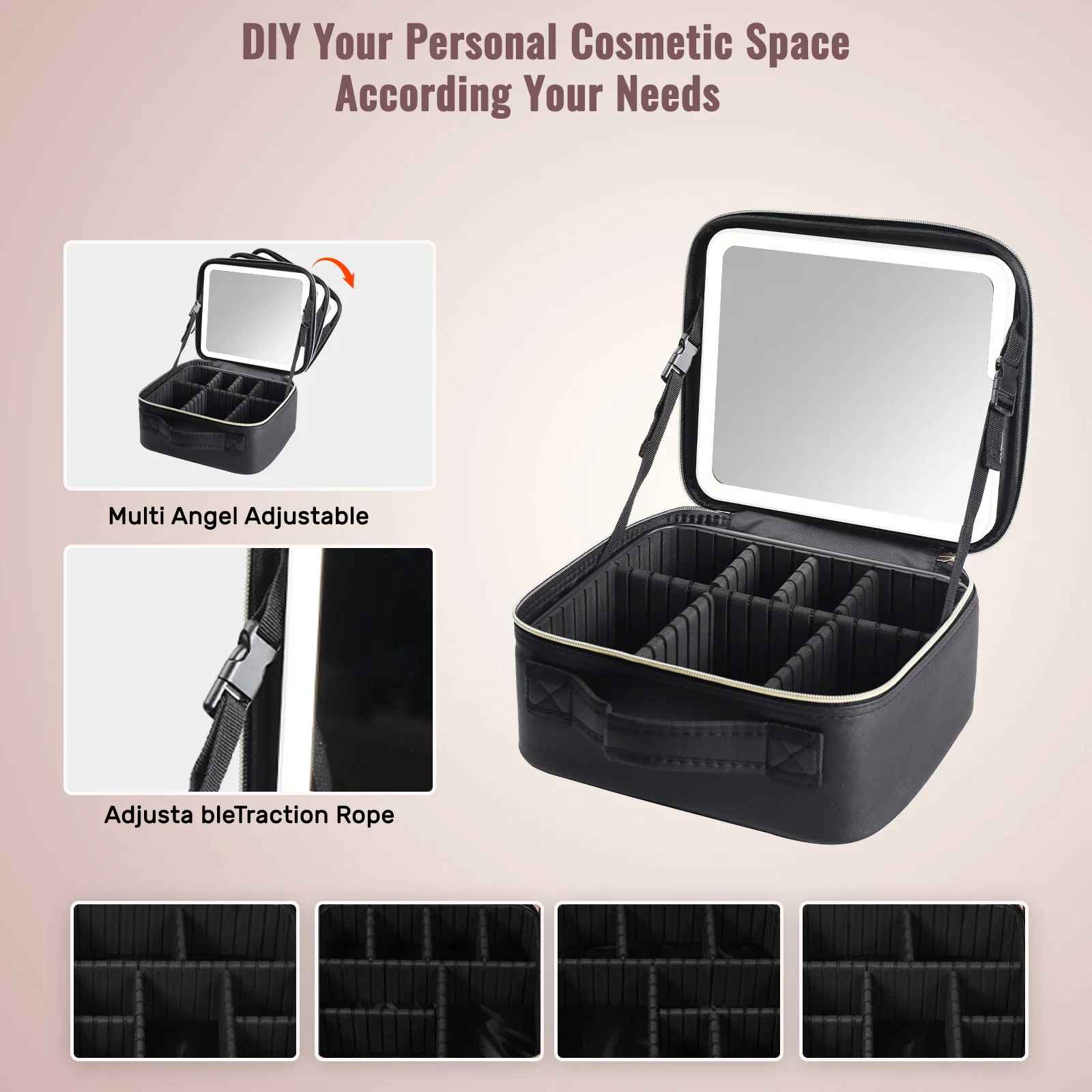 Travel Makeup Bag with LED Mirror – Cosmetic Train Case with Adjustable Dividers-Makeup Bags-Blushia