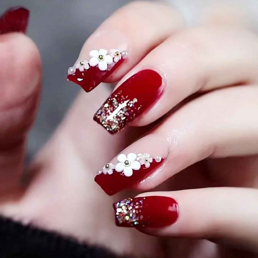 24-Piece Short Coffin Press-On Nails – Pink White Rhinestone Fake Nails-False Nails-Blushia