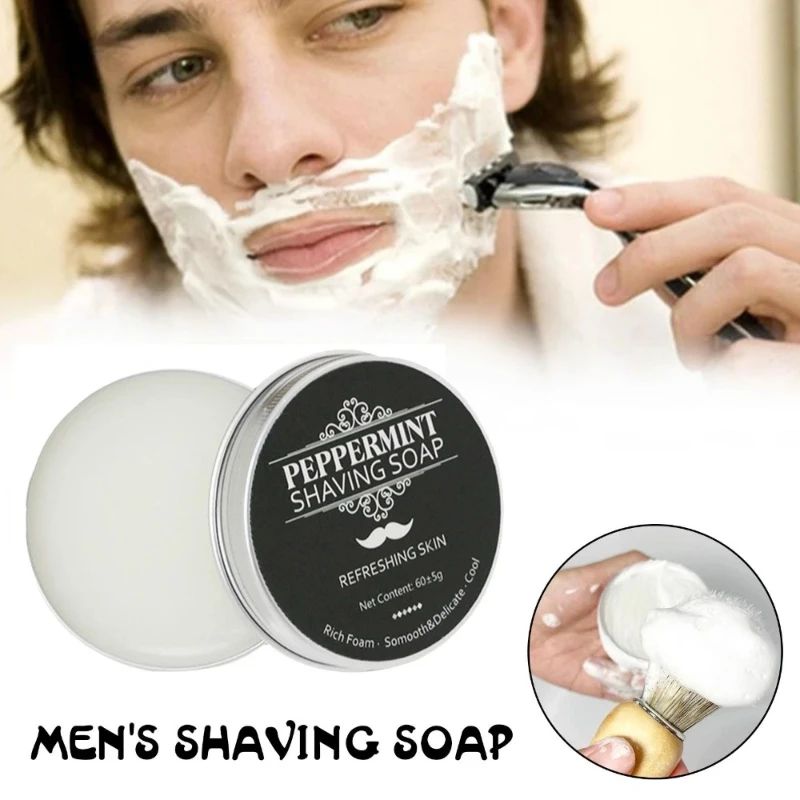 Household 60g Aluminum Box Solid Foaming Shaving Cream Mint Flavor Cotton Soft Foam Beard Softening Hair Removal Shaving Soap-Shaving-Blushia