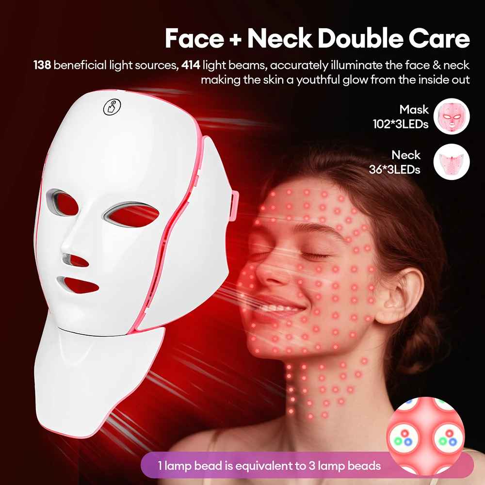Facial LED Light Mask with Neck, Photon Therapy for Skin Rejuvenation, Anti Acne, Face Lifting & Firming-Face & Neck Mask Device-Blushia
