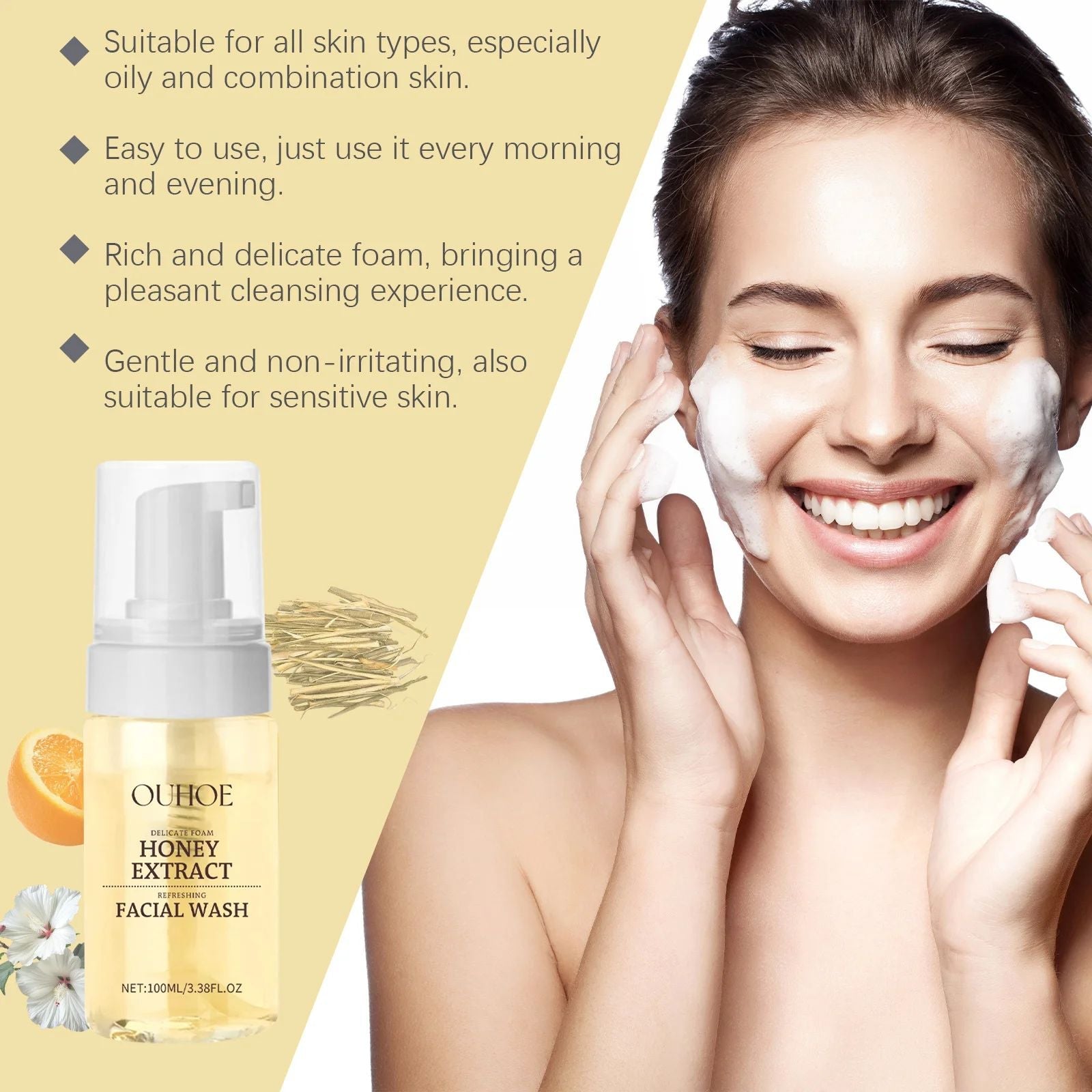 Honey Facial Foaming Cleanser Gentle Oil Control Reduce Acne Blackhead Purify Pore Soothing Relieve Redness Hydrating Face Wash-Face Wash-Blushia