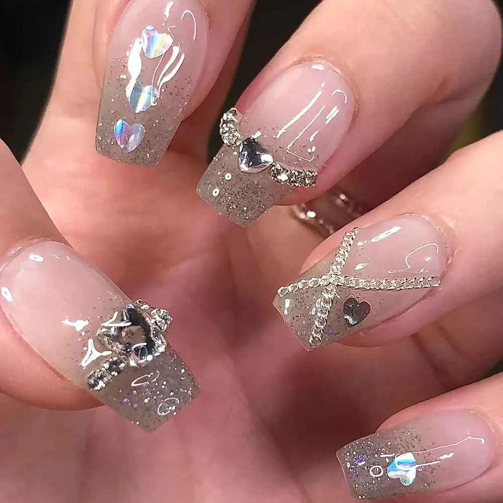 24-Piece Short Coffin Press-On Nails – Pink White Rhinestone Fake Nails-False Nails-Blushia