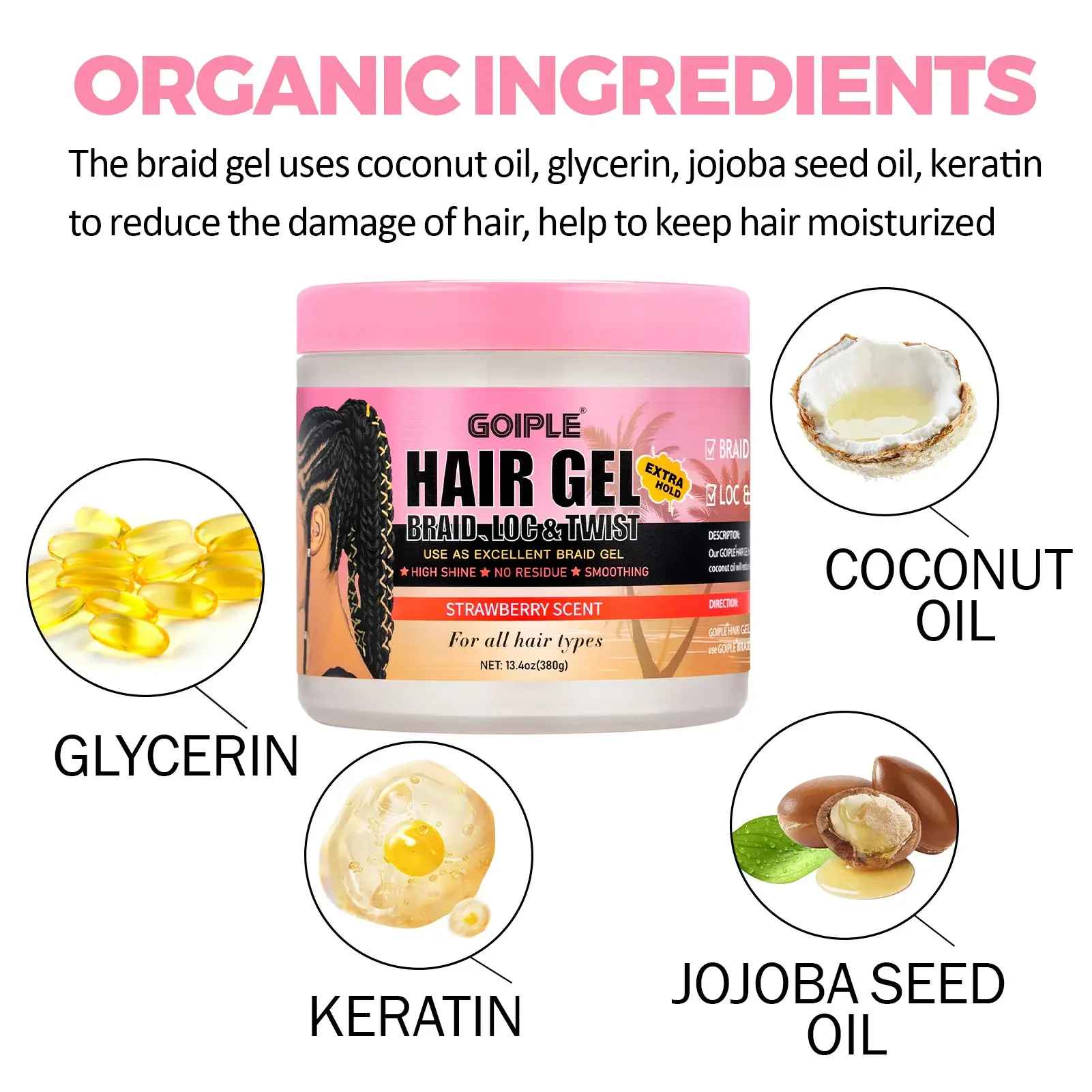 GOIPLE Strawberry Scent Hair Styling Gel High Shine Smooth Braid Twist Strong Hold-Hair Styling-Blushia