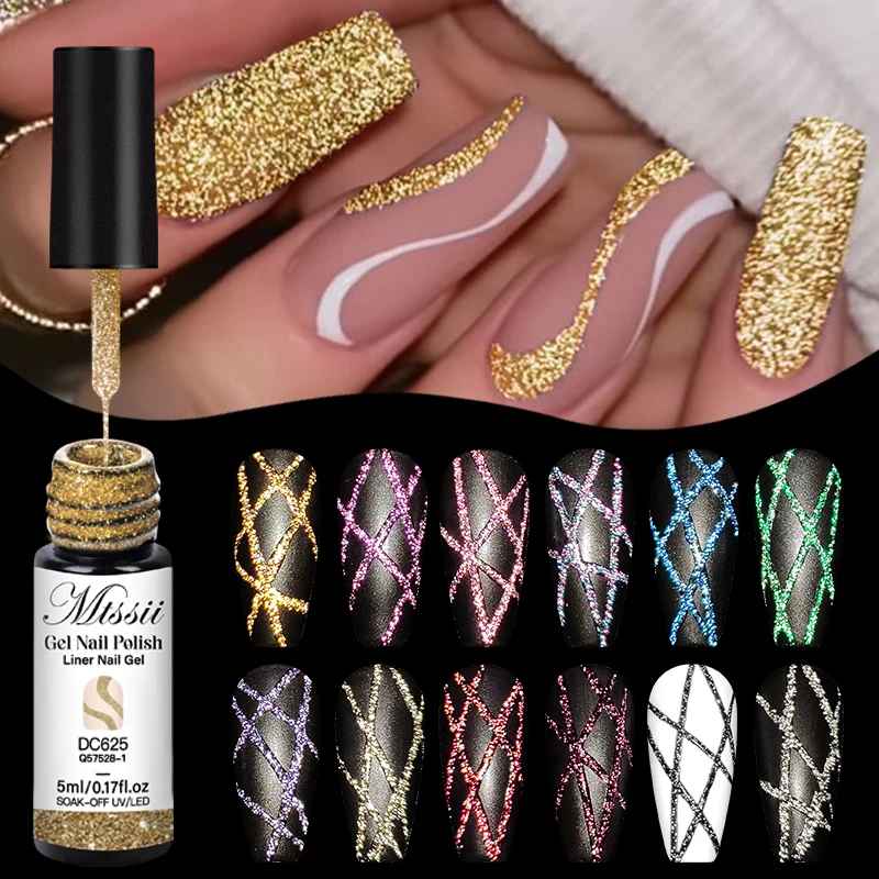6pcs Reflective Glitter Liner Gel Nail Polish Set Pull Line Graffiti Painting Stripe DIY French Nails Design Painting Gel-Gel Nails-Blushia