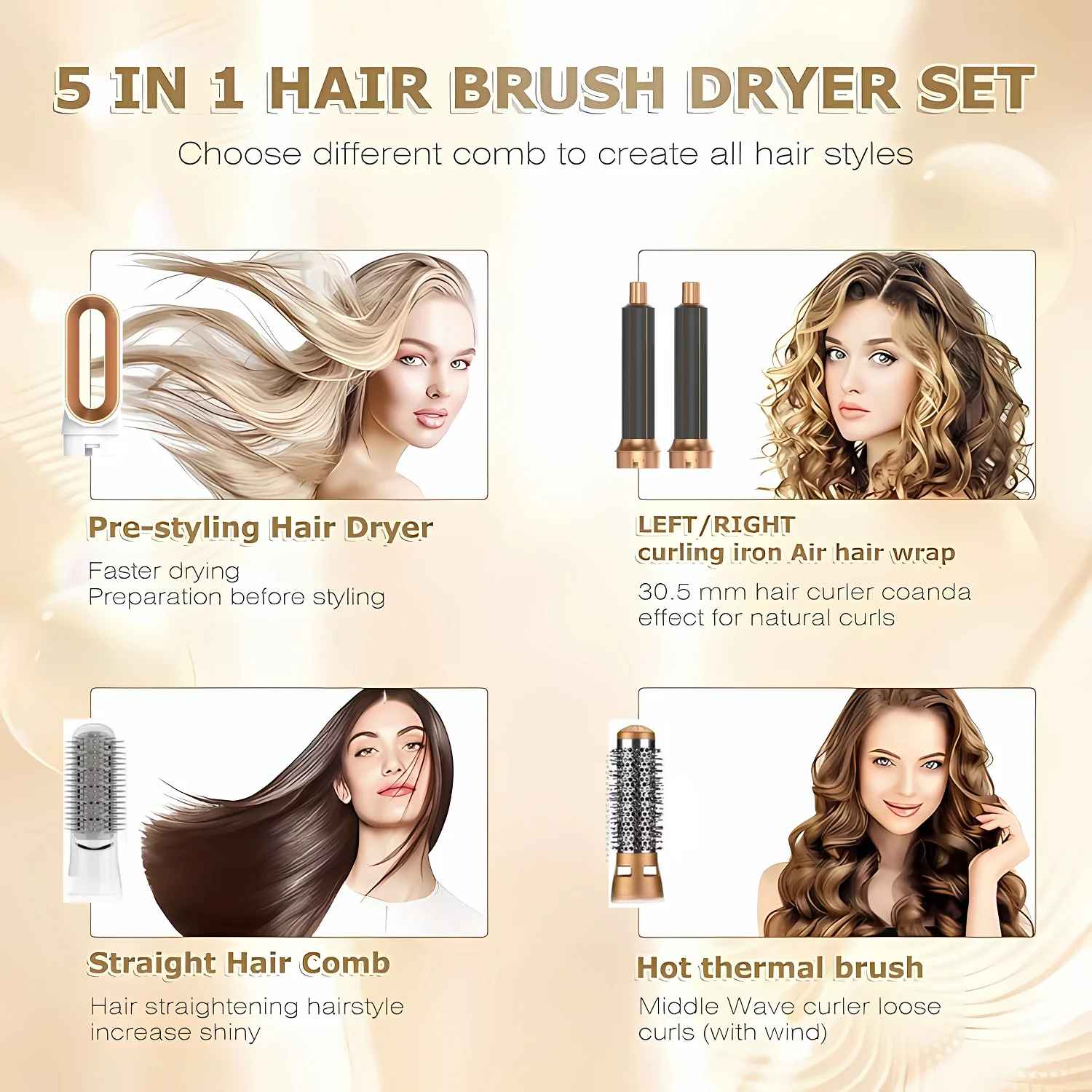 5-in-1 Hot Air Hair Styler Dryer Brush – Curling, Straightening & Volumising Hair Styling Tool-Hair Dryer, Curler, & Straightener-Blushia