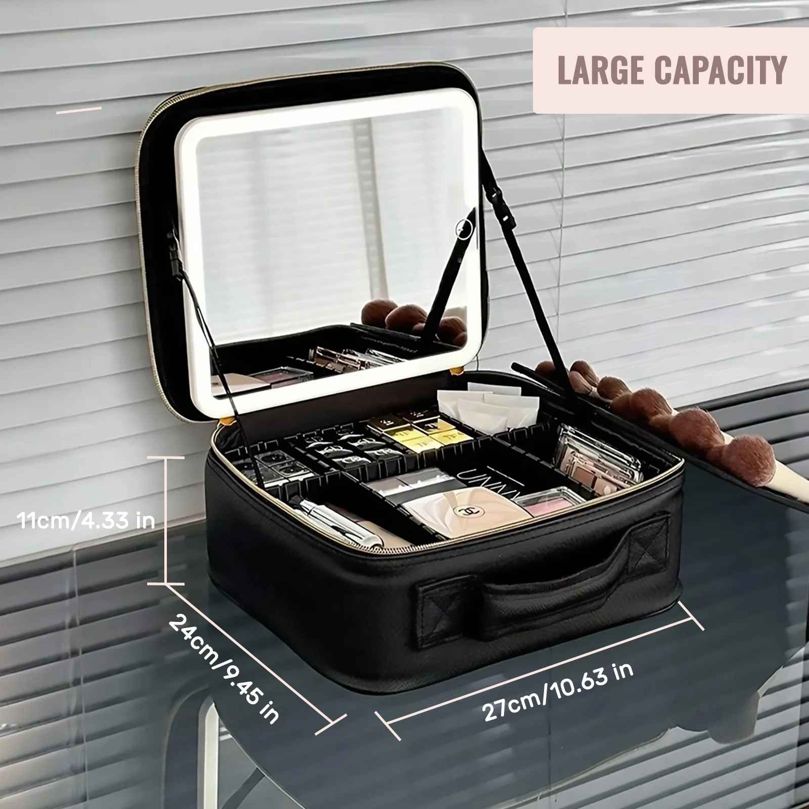 Travel Makeup Bag with LED Mirror – Cosmetic Train Case with Adjustable Dividers-Makeup Bags-Blushia