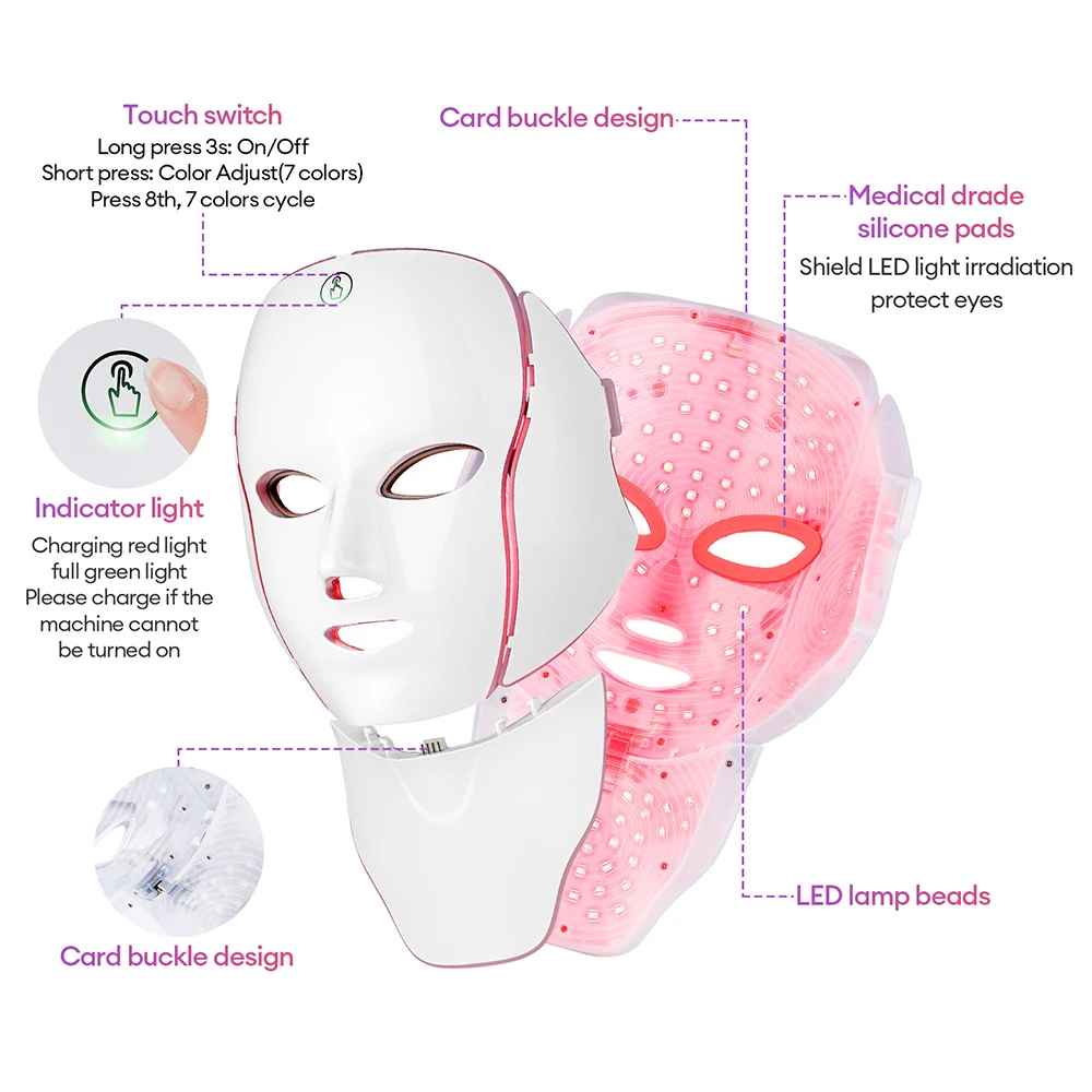 Facial LED Light Mask with Neck, Photon Therapy for Skin Rejuvenation, Anti Acne, Face Lifting & Firming-Face & Neck Mask Device-Blushia