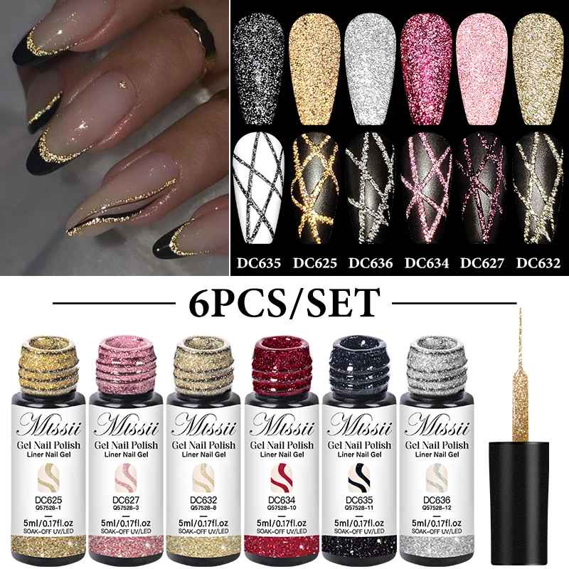 6pcs Reflective Glitter Liner Gel Nail Polish Set Pull Line Graffiti Painting Stripe DIY French Nails Design Painting Gel-Gel Nails-Blushia