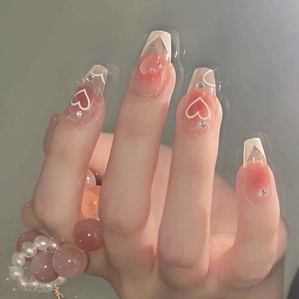 24-Piece Short Coffin Press-On Nails – Pink White Rhinestone Fake Nails-False Nails-Blushia