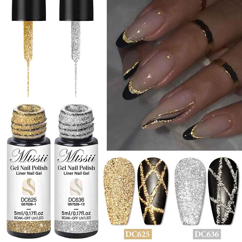 6pcs Reflective Glitter Liner Gel Nail Polish Set Pull Line Graffiti Painting Stripe DIY French Nails Design Painting Gel-Gel Nails-Blushia