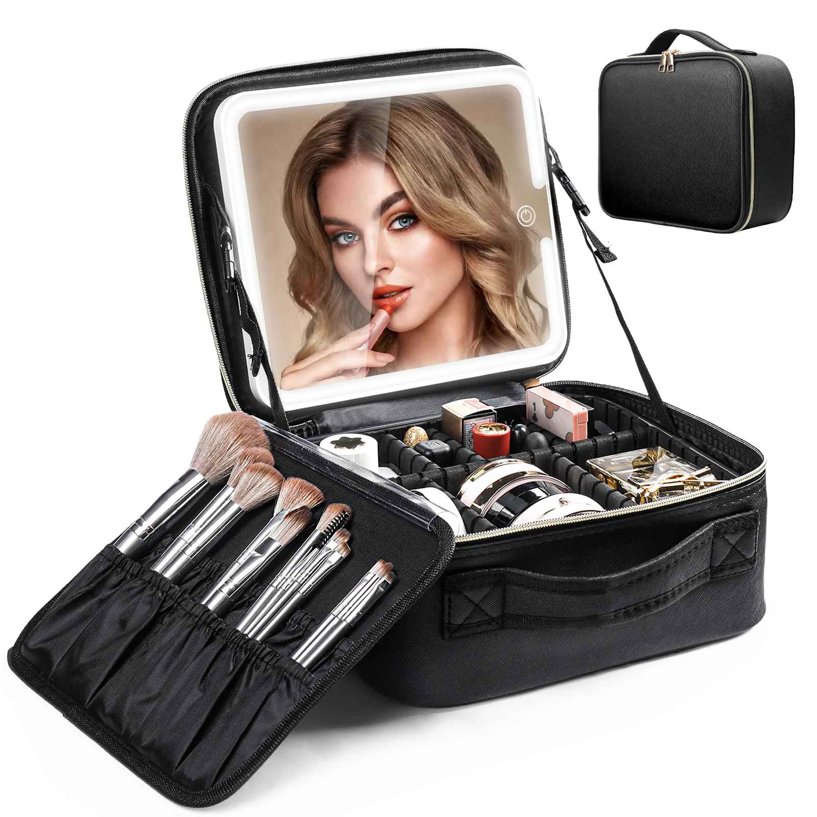Travel Makeup Bag with LED Mirror – Cosmetic Train Case with Adjustable Dividers-Makeup Bags-Blushia