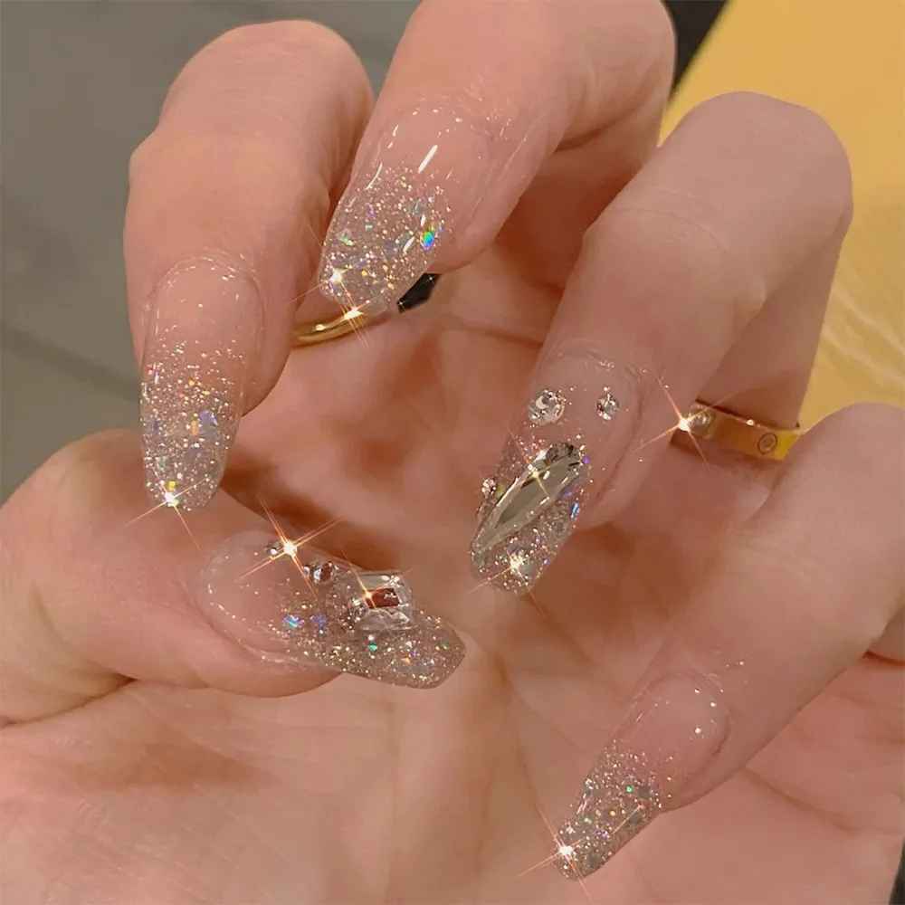 24-Piece Short Coffin Press-On Nails – Pink White Rhinestone Fake Nails-False Nails-Blushia