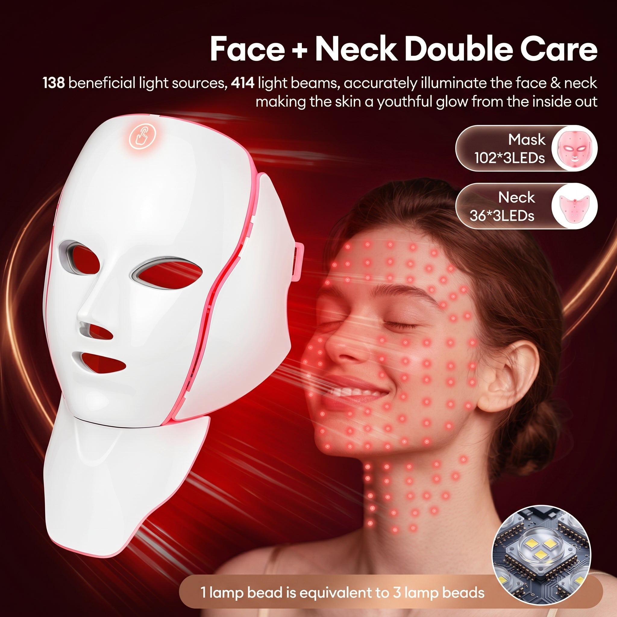 Facial LED Light Mask with Neck, Photon Therapy for Skin Rejuvenation, Anti Acne, Face Lifting & Firming
