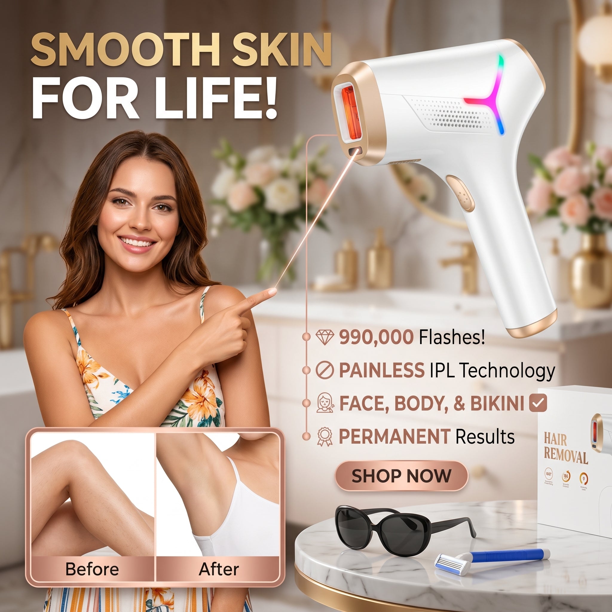 IPL Hair Removal Device 990000 Flashes – Permanent Painless Laser Hair Removal for Face, Body & Bikini